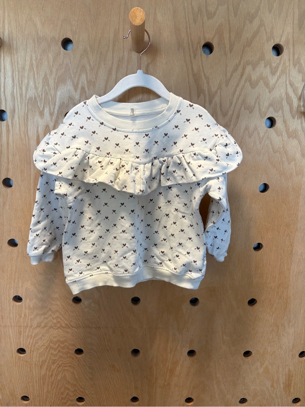 Quincy Mae Cream Ruffle Sweatshirt with Brown Heart Print
